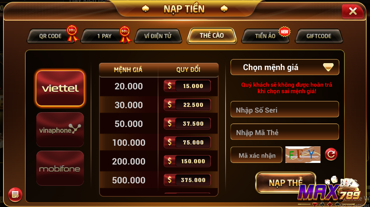 Hướng dẫn nạp tiền qua thẻ cào