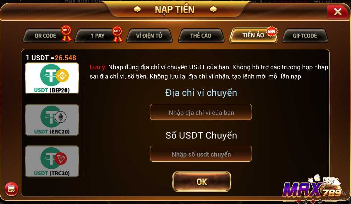 Nạp tiền bằng tiền ảo