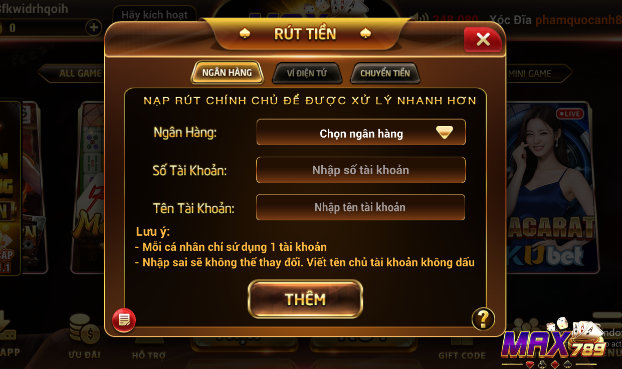 Hướng dẫn chi tiết các thao tác rút tiền tại Max789